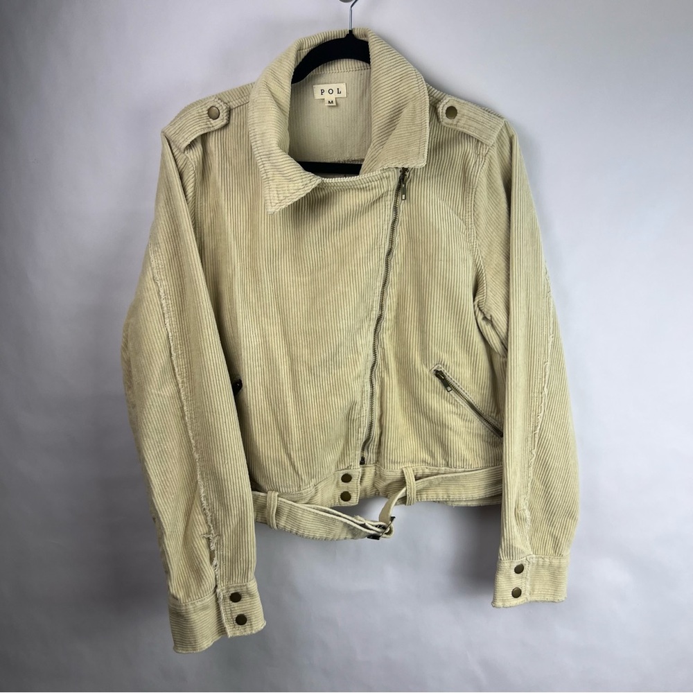POL Corduroy Moto Jacket Cream Beige Cotton Belted Epaulet Asymmetrical M